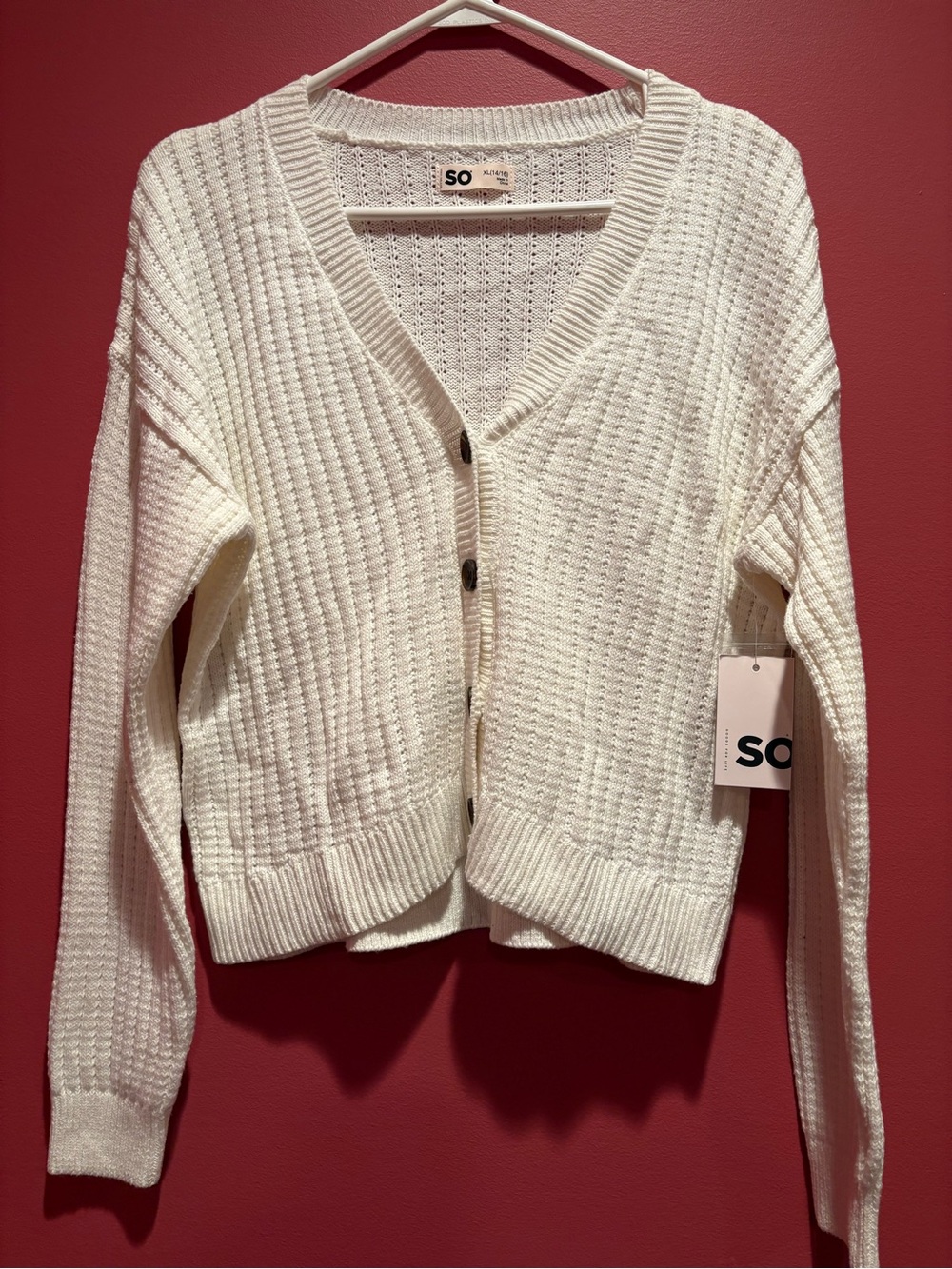 SO Textured V-Neck Button Front Cropped Cardigan, NWT, Size XL (14/16), Egret